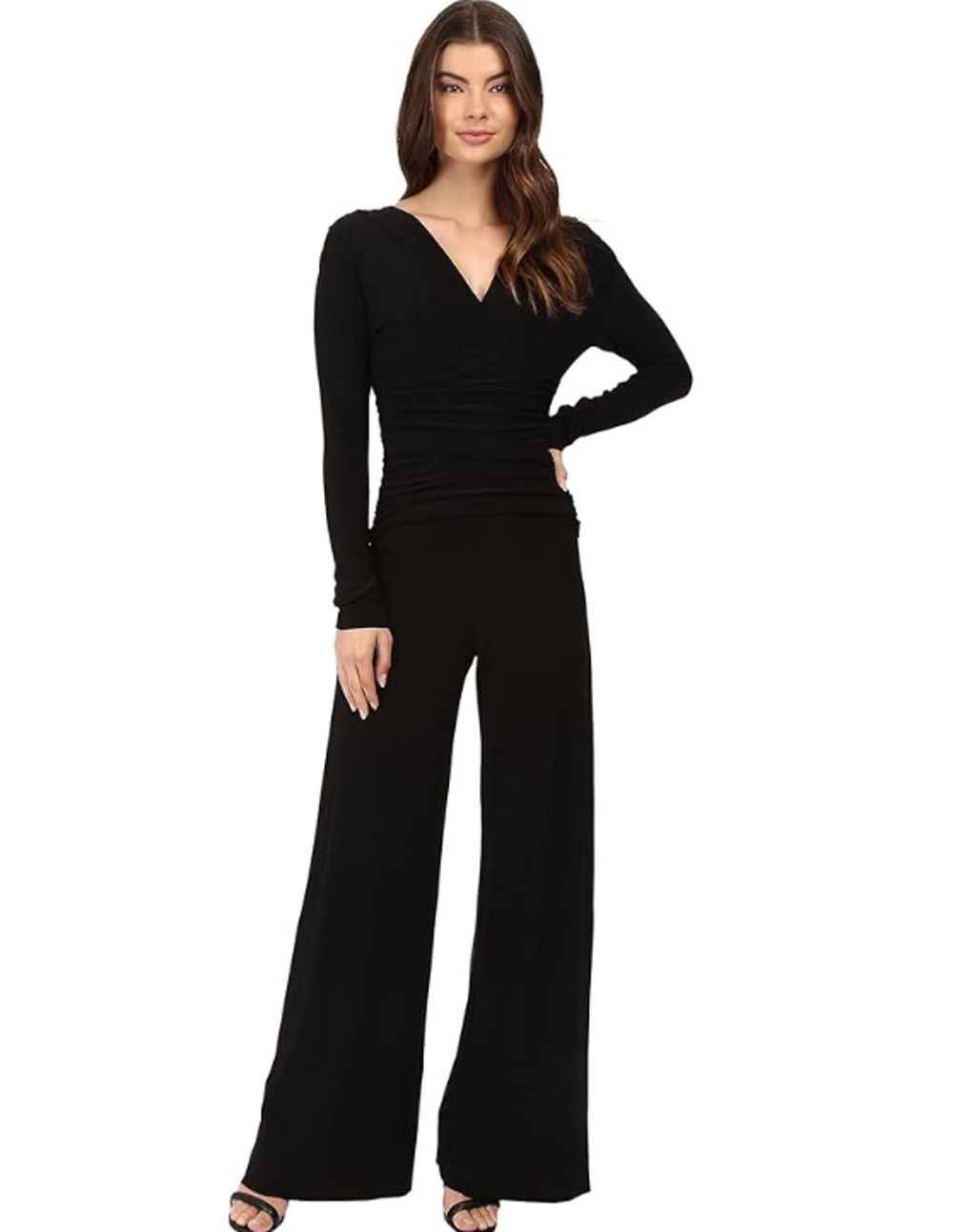 NORMA KAMALI V-Neck Shirred Waist Jumpsuit Medium 38 Black Long Sleeve NWT